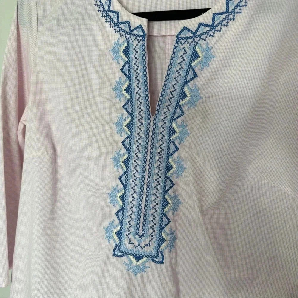 J McLaughlin Pink Cotton Embroidered Tunic Blouse‎ Top Size Medium Preppy Boho - Picture 13 of 14
